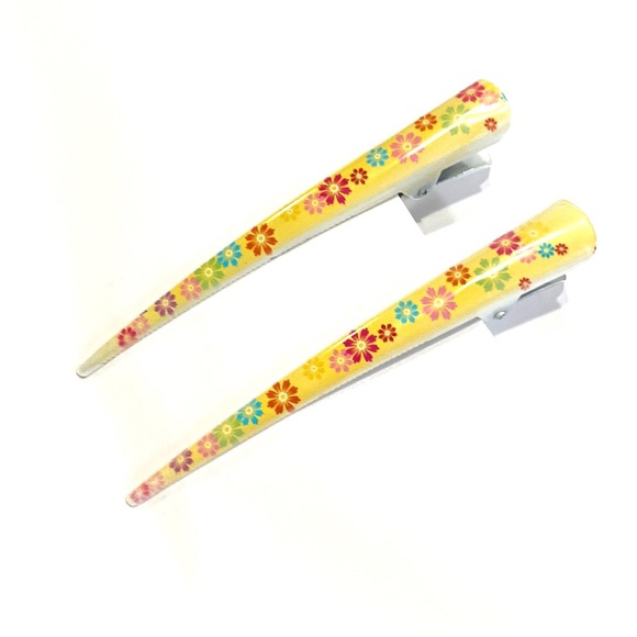 Updo Hair Clips Set Of 2 Yellow With Multi Colored Flowers - Picture 2 of 5